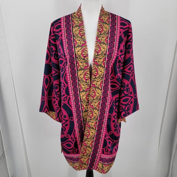 Chico's Reversible Kimono Womens Medium Pink Blue Gold Mixed Print Open Front - Picture 1 of 14